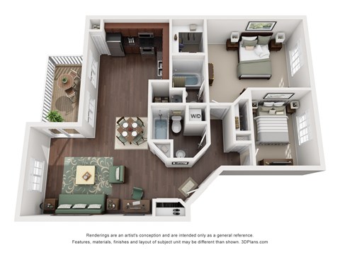 Floor plan for 2 beds, 2 baths, 964 sqft